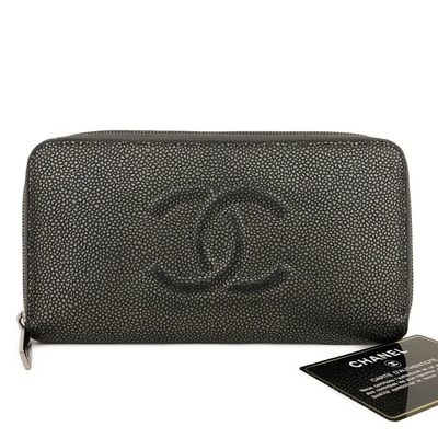 $1375 2014 CHANEL CC Logo Timeless Caviar Zip Around Long Wallet Metallic Silver