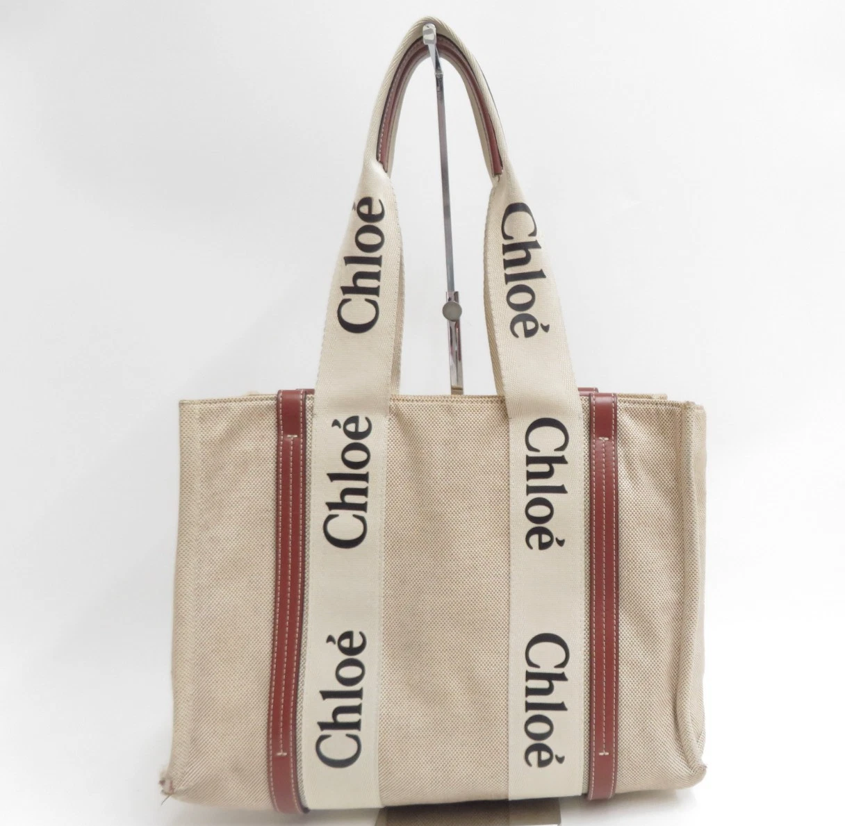 $1250 CHLOE Woody Medium Canvas Leather Tote Shoulder Bag