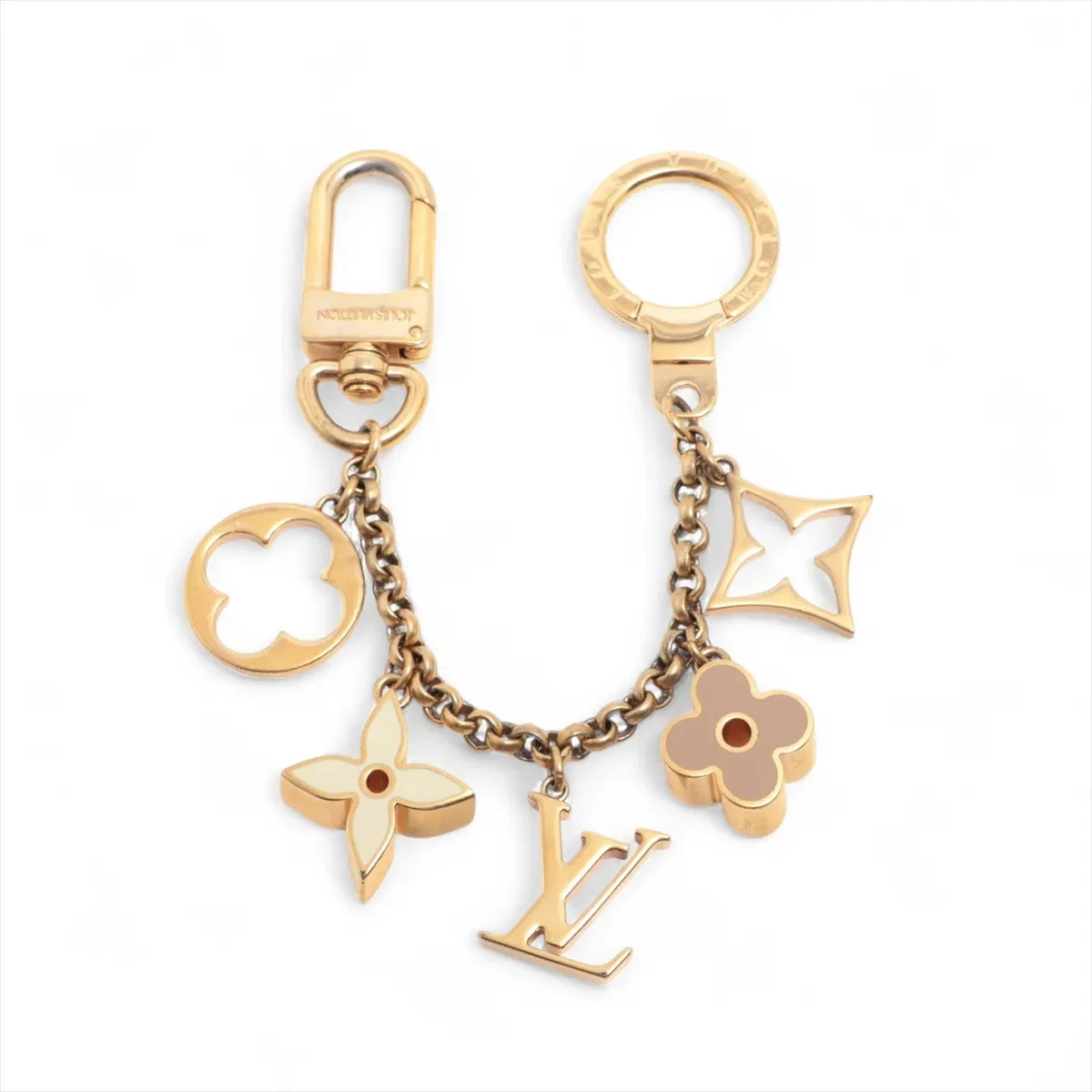 $655 2014 Louis Vuitton Brass Enamel Fleur De Monogram Bag Charm Chain Gold DP0164