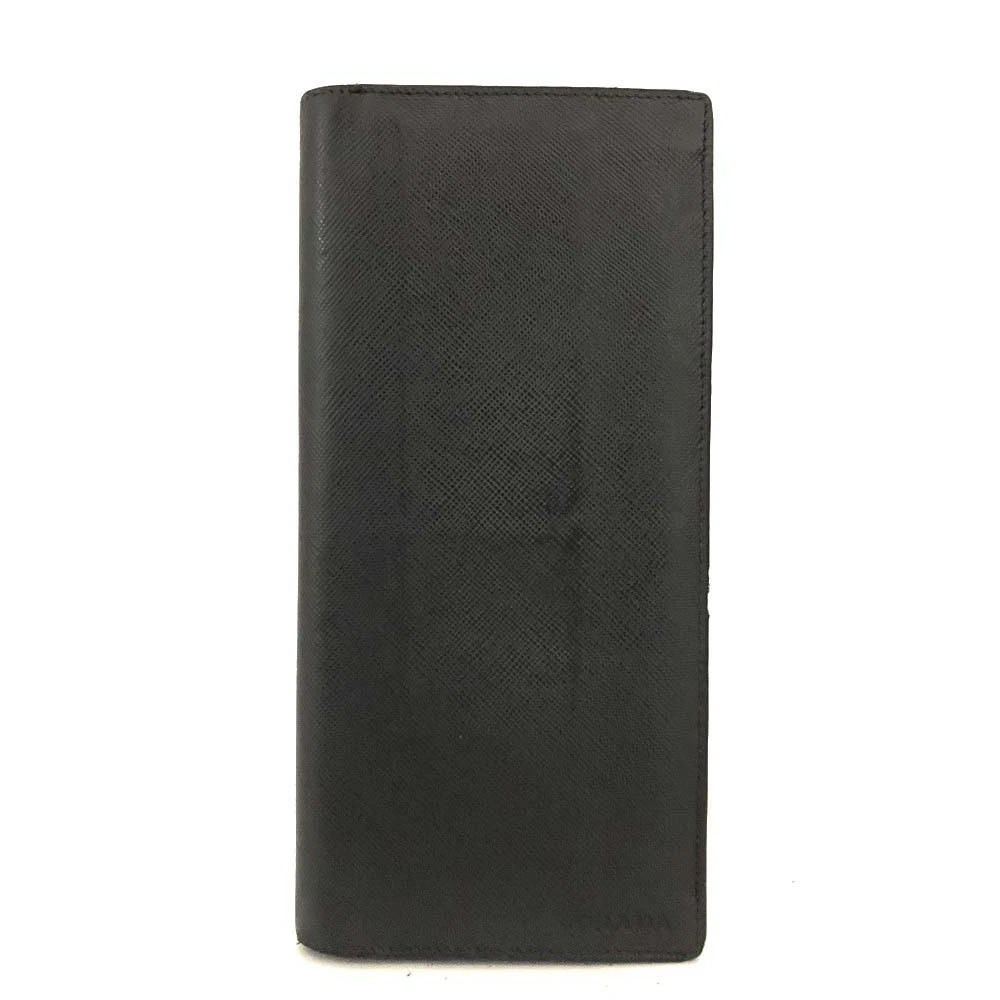 $750 PRADA Logo Saffiano Leather Long Bifold Wallet Purse Black