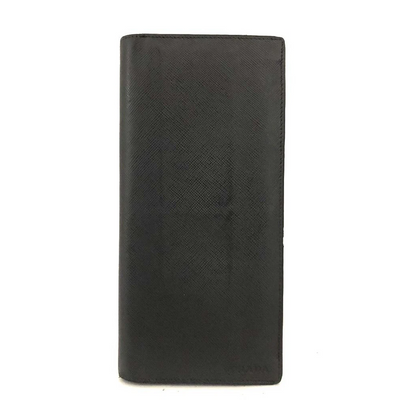 $750 PRADA Logo Saffiano Leather Long Bifold Wallet Purse Black