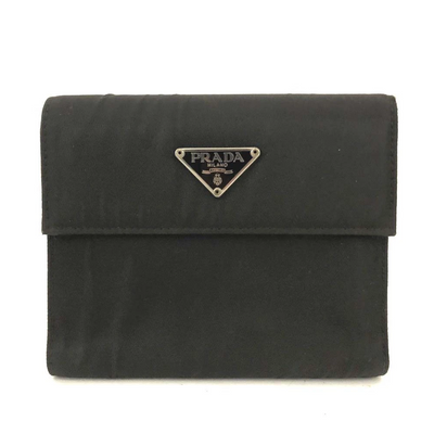 $775 PRADA Logo Plate Nylon Trifold Wallet Black