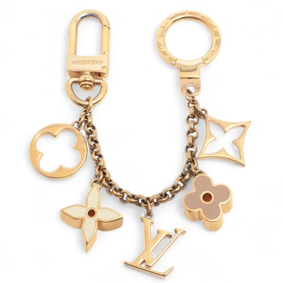 $655 2014 Louis Vuitton Brass Enamel Fleur De Monogram Bag Charm Chain Gold DP0164