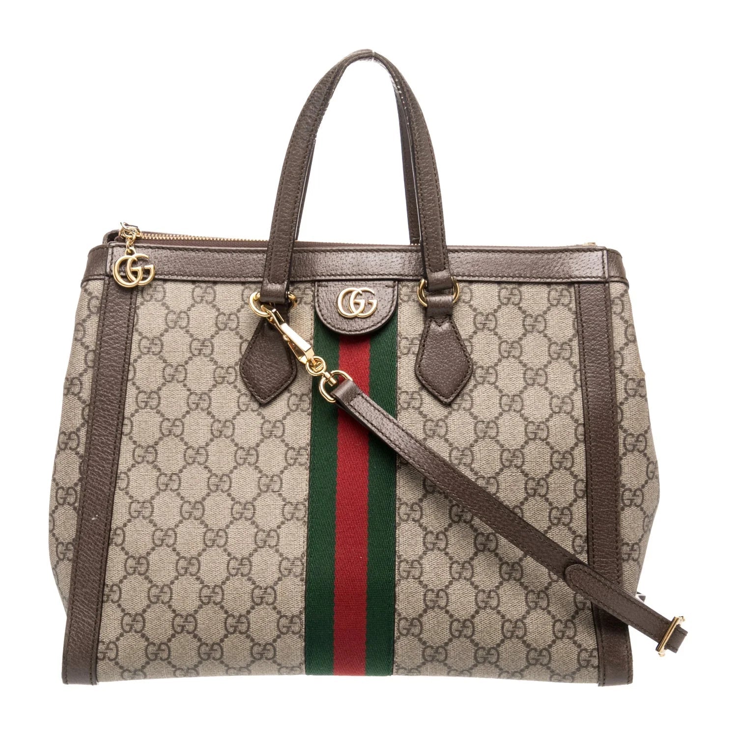 $2390 Gucci GG Supreme Monogram Web Medium Ophidia Tote Bag Brown