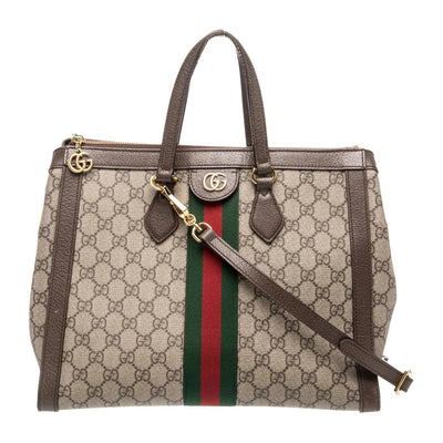 $2390 Gucci GG Supreme Monogram Web Medium Ophidia Tote Bag Brown