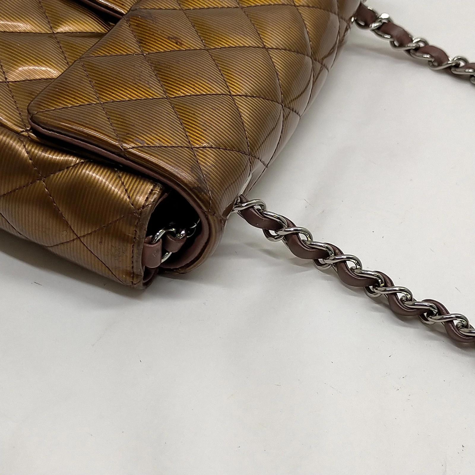 $5200 2013 Chanel Patent Calfskin Quilted Mini Rectangular Flap Bronze Metallic