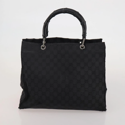 $1100 GUCCI GG Canvas Bamboo Top Handle Black Hand Bag