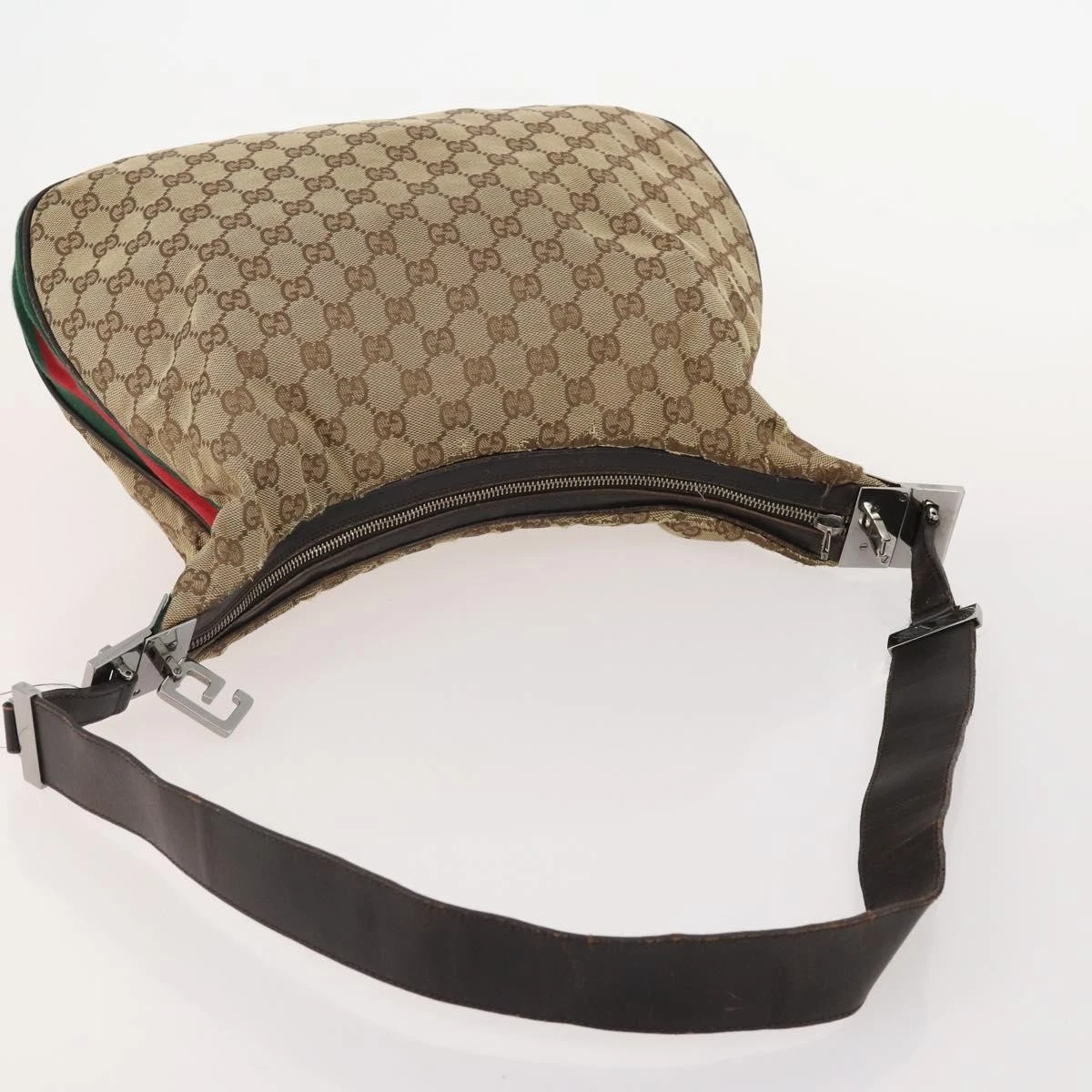 $1580 GUCCI Saddle Zip Messenger Bag GG Canvas with Leather Medium