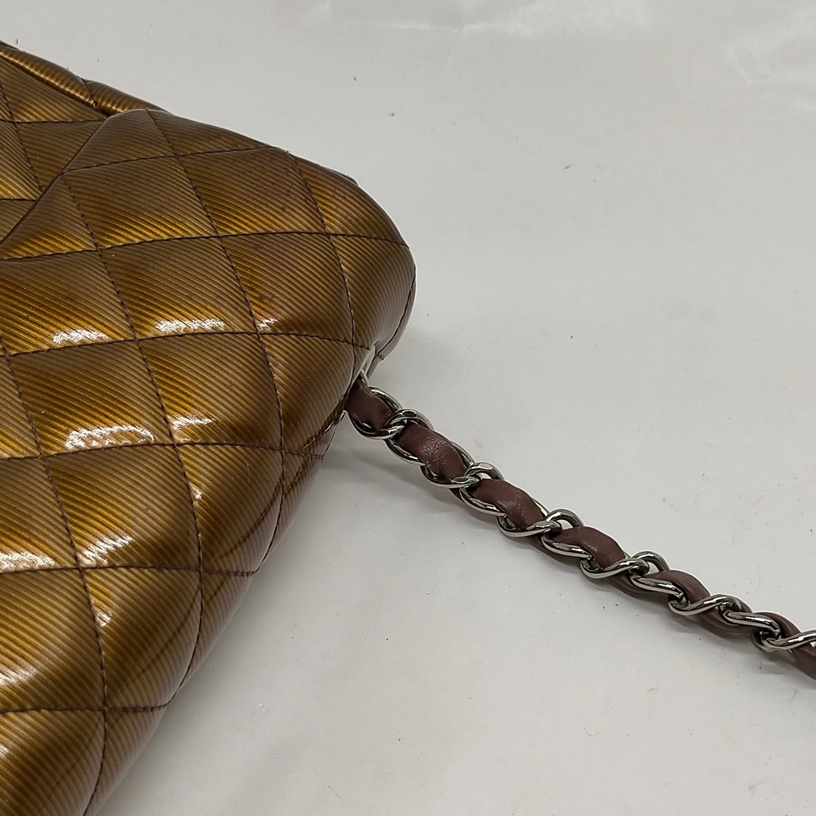$5200 2013 Chanel Patent Calfskin Quilted Mini Rectangular Flap Bronze Metallic