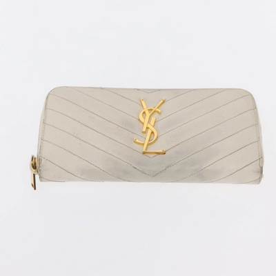 $950 Saint Laurent Grain De Poudre Matelasse Chevron Monogram Zip Around Wallet White