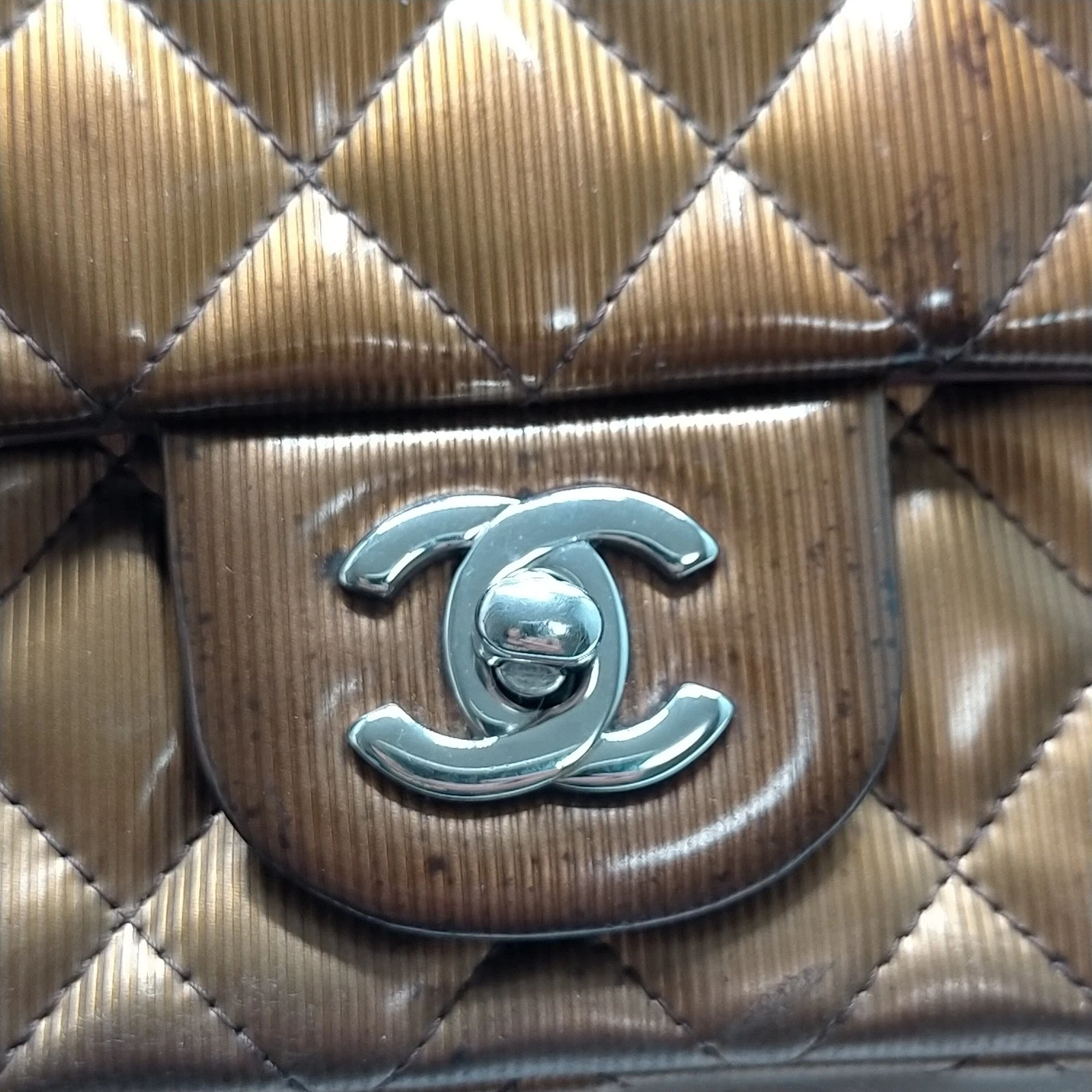 $5200 2013 Chanel Patent Calfskin Quilted Mini Rectangular Flap Bronze Metallic