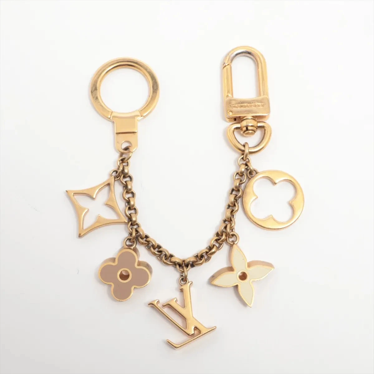 $655 2014 Louis Vuitton Brass Enamel Fleur De Monogram Bag Charm Chain Gold DP0164
