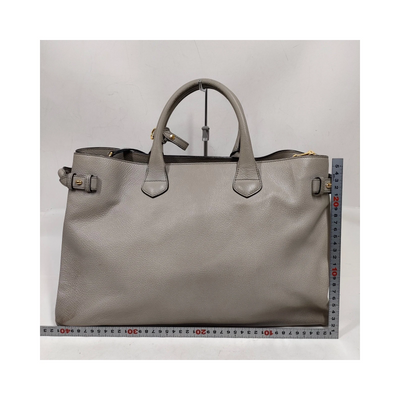 $1595 Burberry Grainy Calfskin House Check Medium Banner Tote Grey