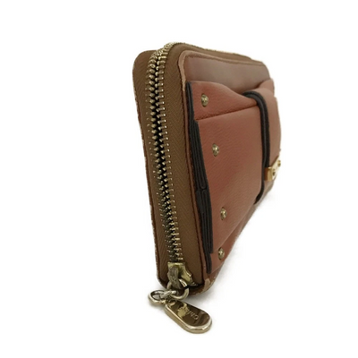 $690 CHLOE Ribbon Leather Zip Around Long Wallet Brown