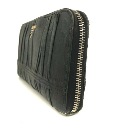 PRADA Logo Gather Leather Zip Around Long Wallet Black