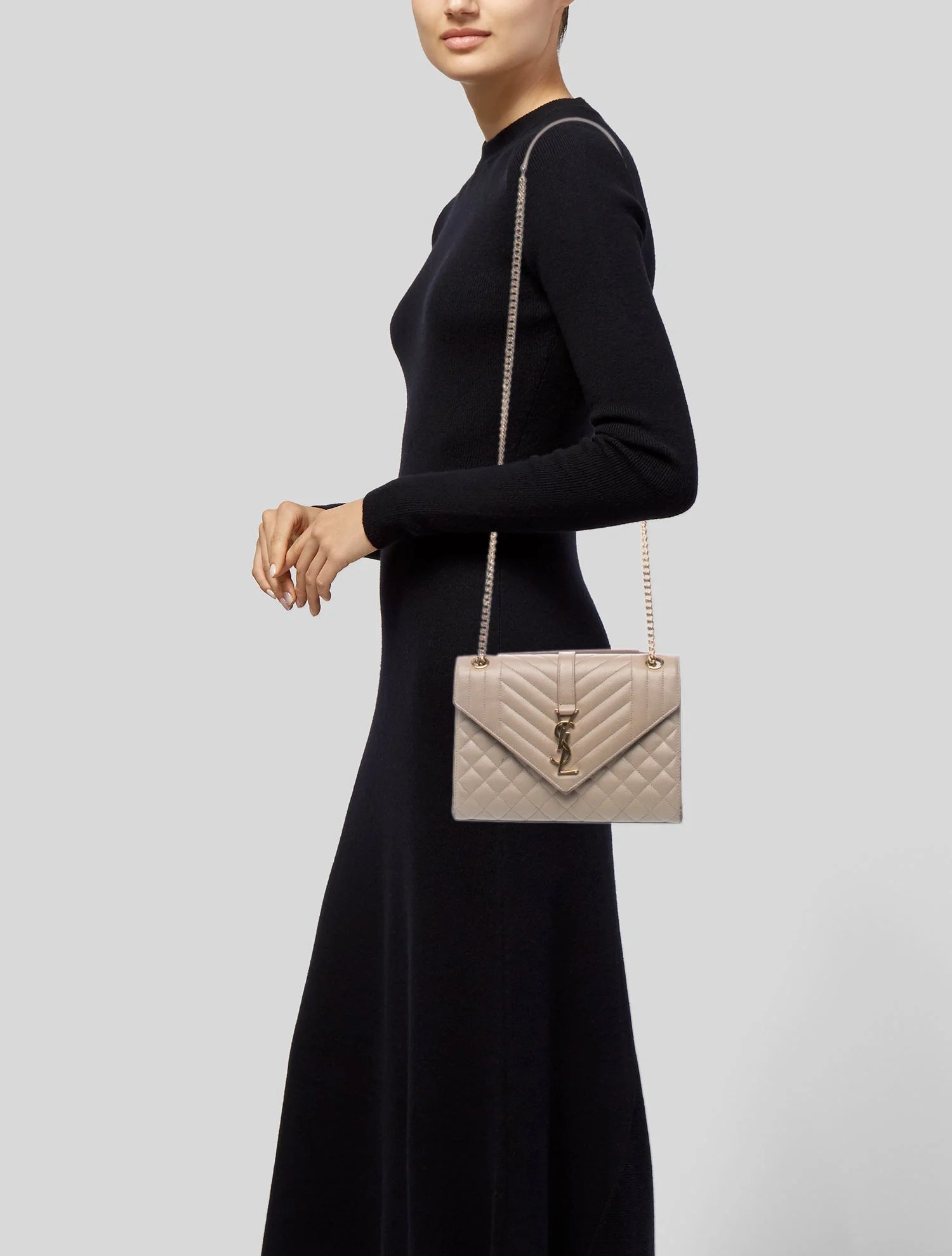 $3300 Saint Laurent Grain De Poudre Textured Mixed Matelasse Medium Triquilt Monogram Satchel Beige