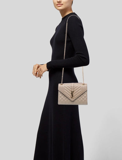 $3300 Saint Laurent Grain De Poudre Textured Mixed Matelasse Medium Triquilt Monogram Satchel Beige