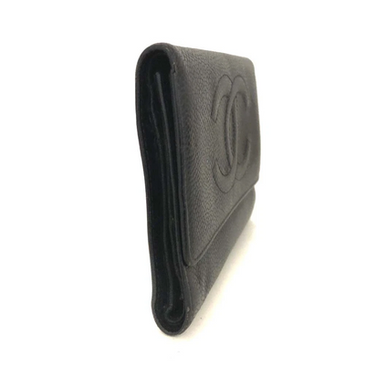 $925 CHANEL CC Logo Grained Calfskin Trifold Wallet Black 6117536