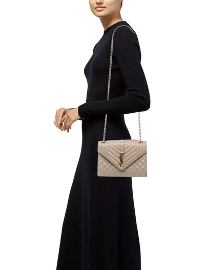 $3300 Saint Laurent Grain De Poudre Textured Mixed Matelasse Medium Triquilt Monogram Satchel Beige