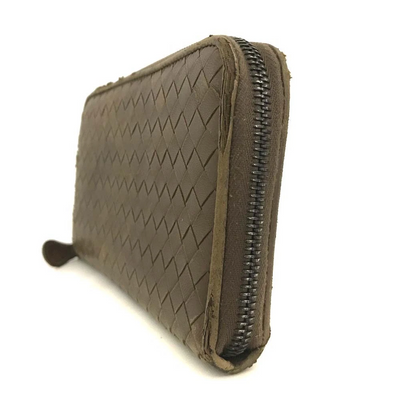 $1100 Bottega Veneta Nappa Intrecciato Zip Around Wallet Ebano Brown 10019331