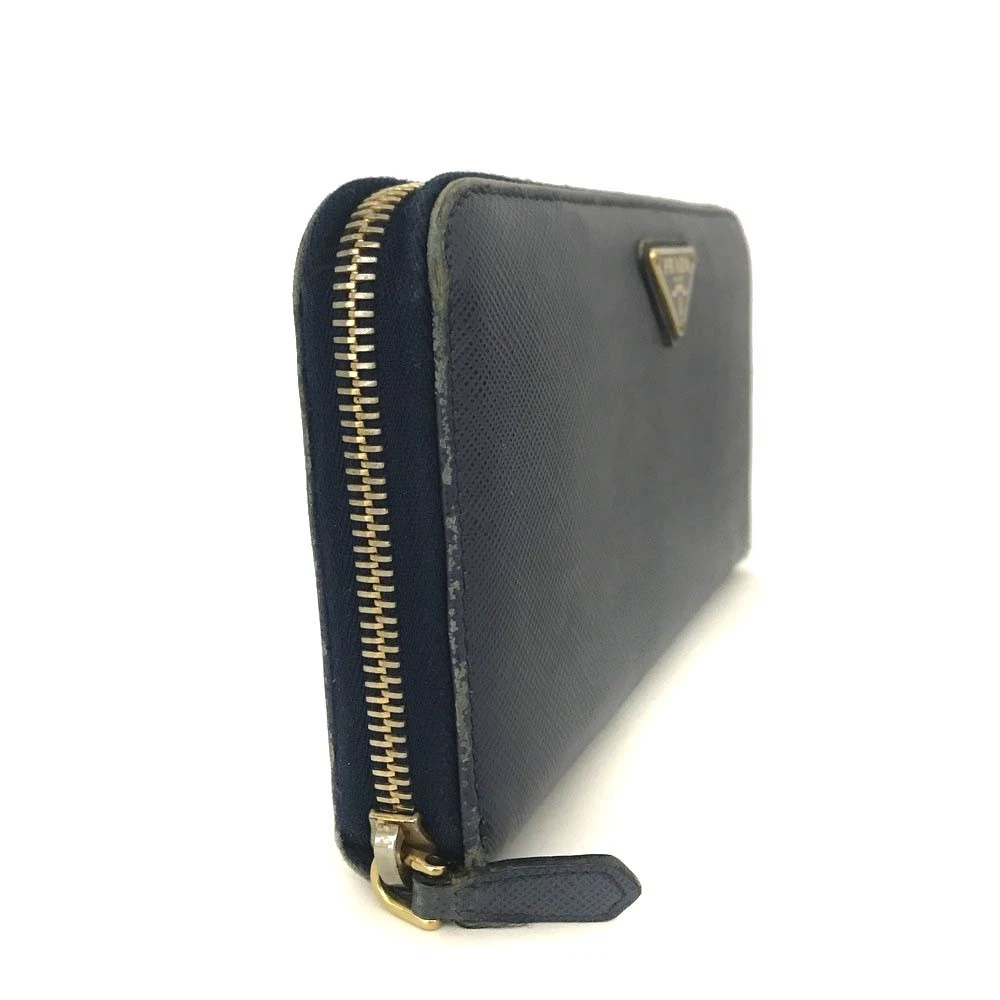 $1070 PRADA Logo Plate Saffiano Leather Zip Around Long Wallet Blue