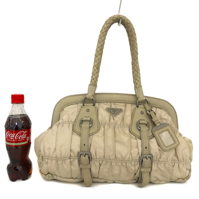 $800 PRADA Logo Plate Nylon Hand Bag Ivory
