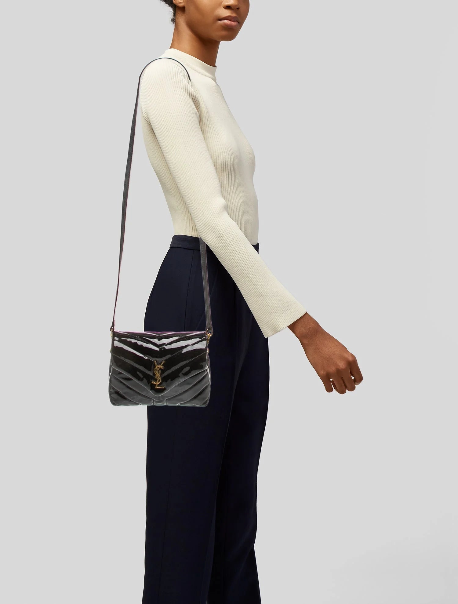 $1950 Saint Laurent Patent Y Quilted Monogram Toy Loulou Crossbody Bag Black