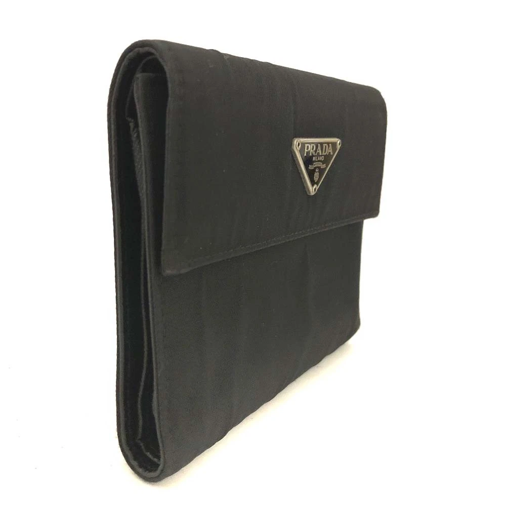 $775 PRADA Logo Plate Nylon Trifold Wallet Black
