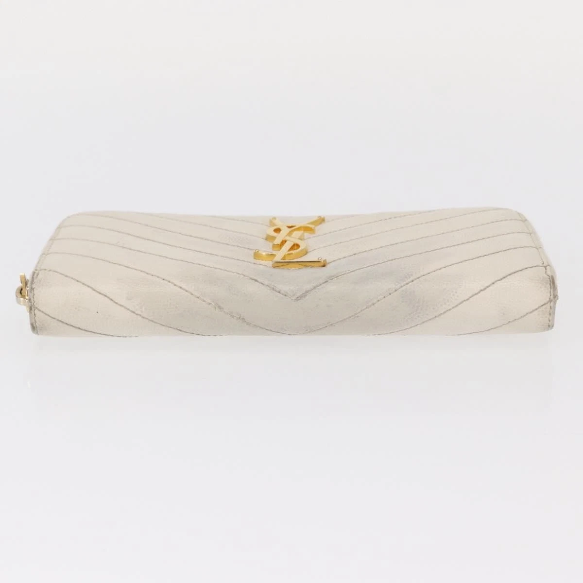 $950 Saint Laurent Grain De Poudre Matelasse Chevron Monogram Zip Around Wallet White
