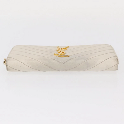$950 Saint Laurent Grain De Poudre Matelasse Chevron Monogram Zip Around Wallet White