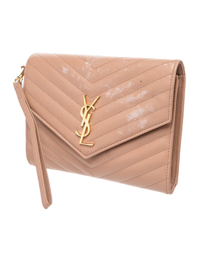 $850 2022 Saint Laurent Grain De Poudre Matelasse Chevron Monogram Envelope Clutch