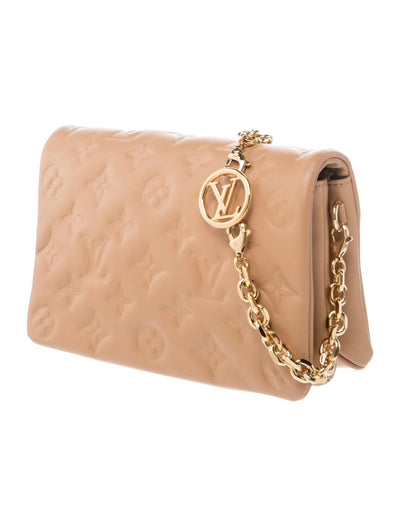 $3150 Louis Vuitton Lambskin Embossed Monogram Pochette Coussin Camel