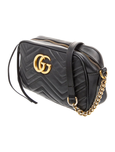 $1950 Gucci Calfskin Matelasse Small GG Marmont Chain Shoulder Bag Black