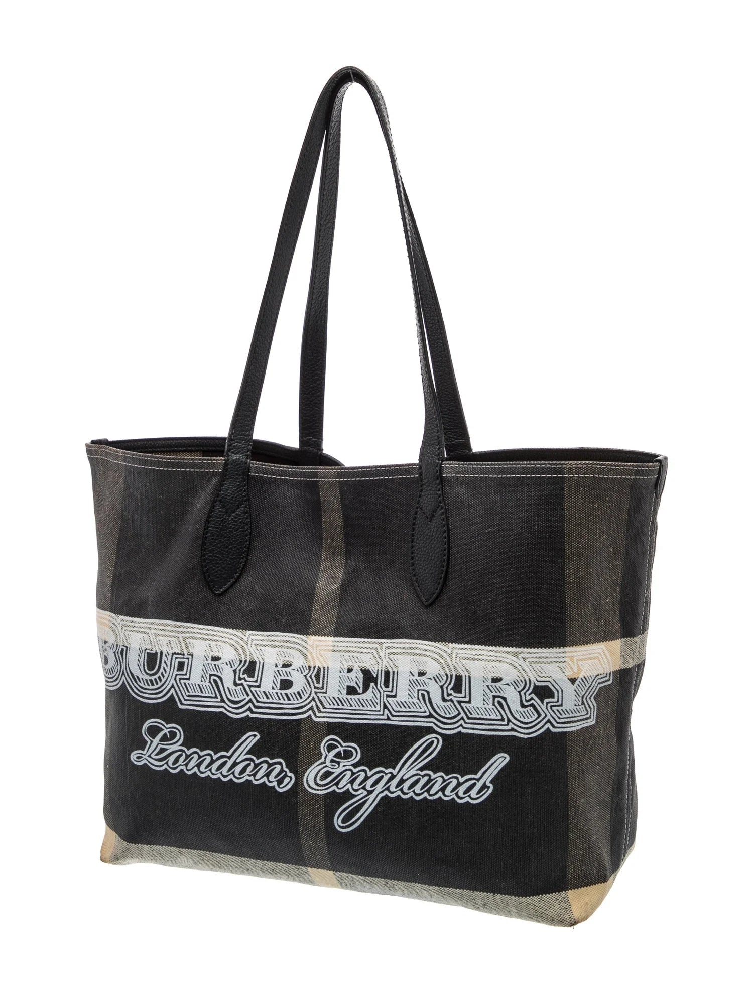 $900 Burberry Coated Canvas Mega Check Medium Doodle Tote Black White