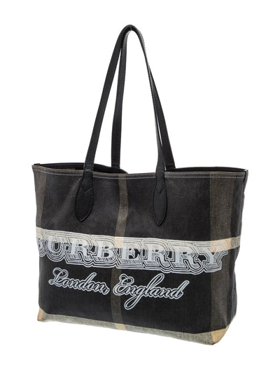 $900 Burberry Coated Canvas Mega Check Medium Doodle Tote Black White