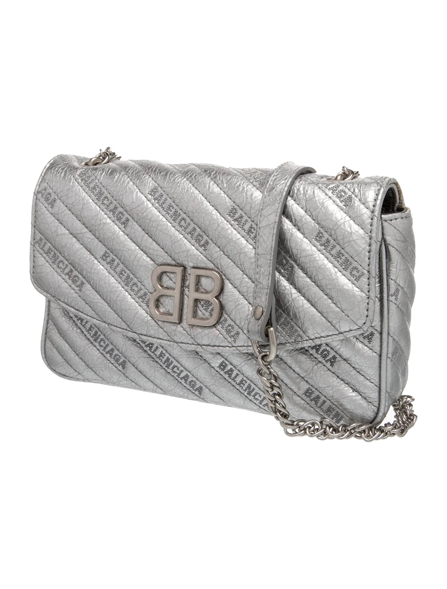 $2250 2018 Balenciaga Metallic Arena Calfskin Logo Matelasse S BB Round Shoulder Bag Argent