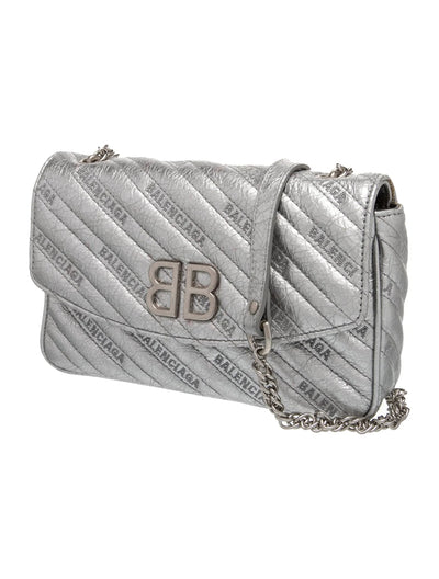 $2250 2018 Balenciaga Metallic Arena Calfskin Logo Matelasse S BB Round Shoulder Bag Argent