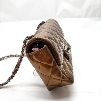 $5200 2013 Chanel Patent Calfskin Quilted Mini Rectangular Flap Bronze Metallic