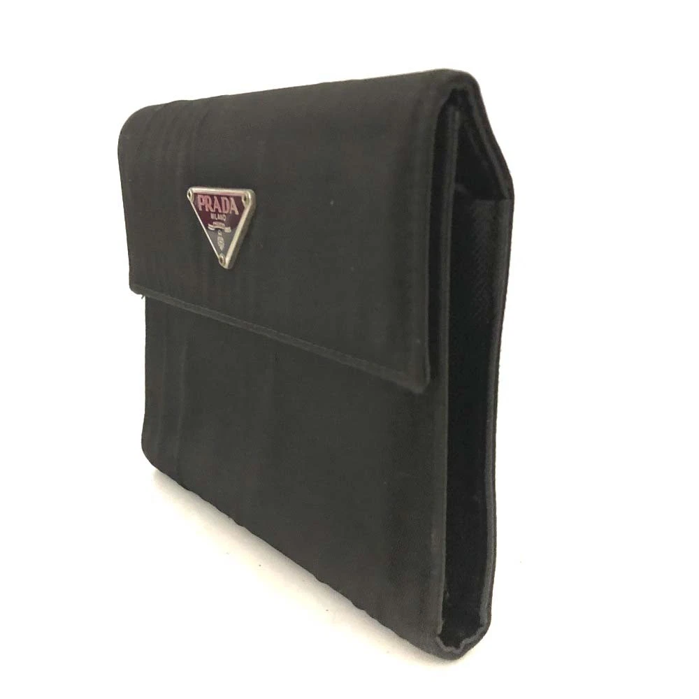 $775 PRADA Logo Plate Nylon Trifold Wallet Black
