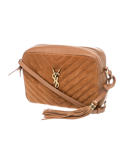 $1690 Saint Laurent Suede Matelasse Monogram Lou Camera Bag Cinnamon