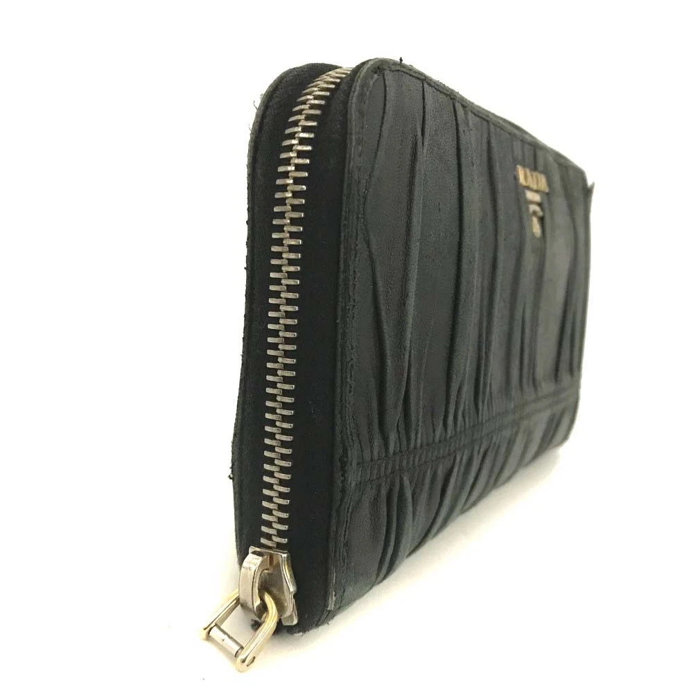 PRADA Logo Gather Leather Zip Around Long Wallet Black