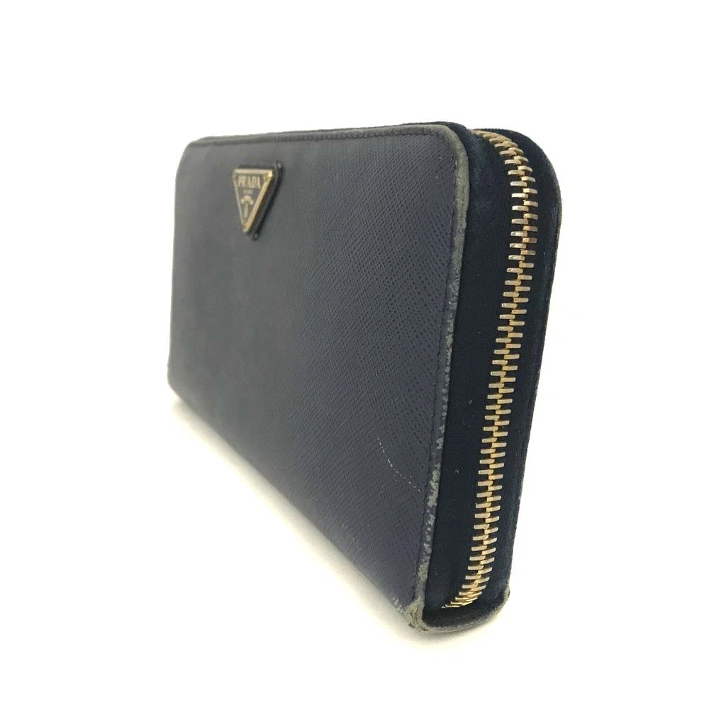 $1070 PRADA Logo Plate Saffiano Leather Zip Around Long Wallet Blue