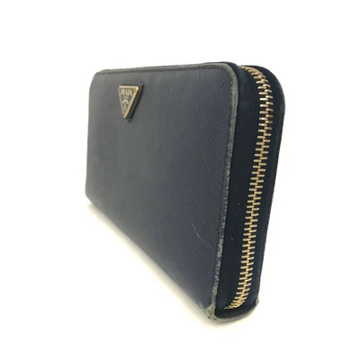 $1070 PRADA Logo Plate Saffiano Leather Zip Around Long Wallet Blue