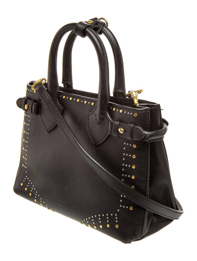 $2650 Burberry Studded Derby Calfskin Small Banner Tote Black