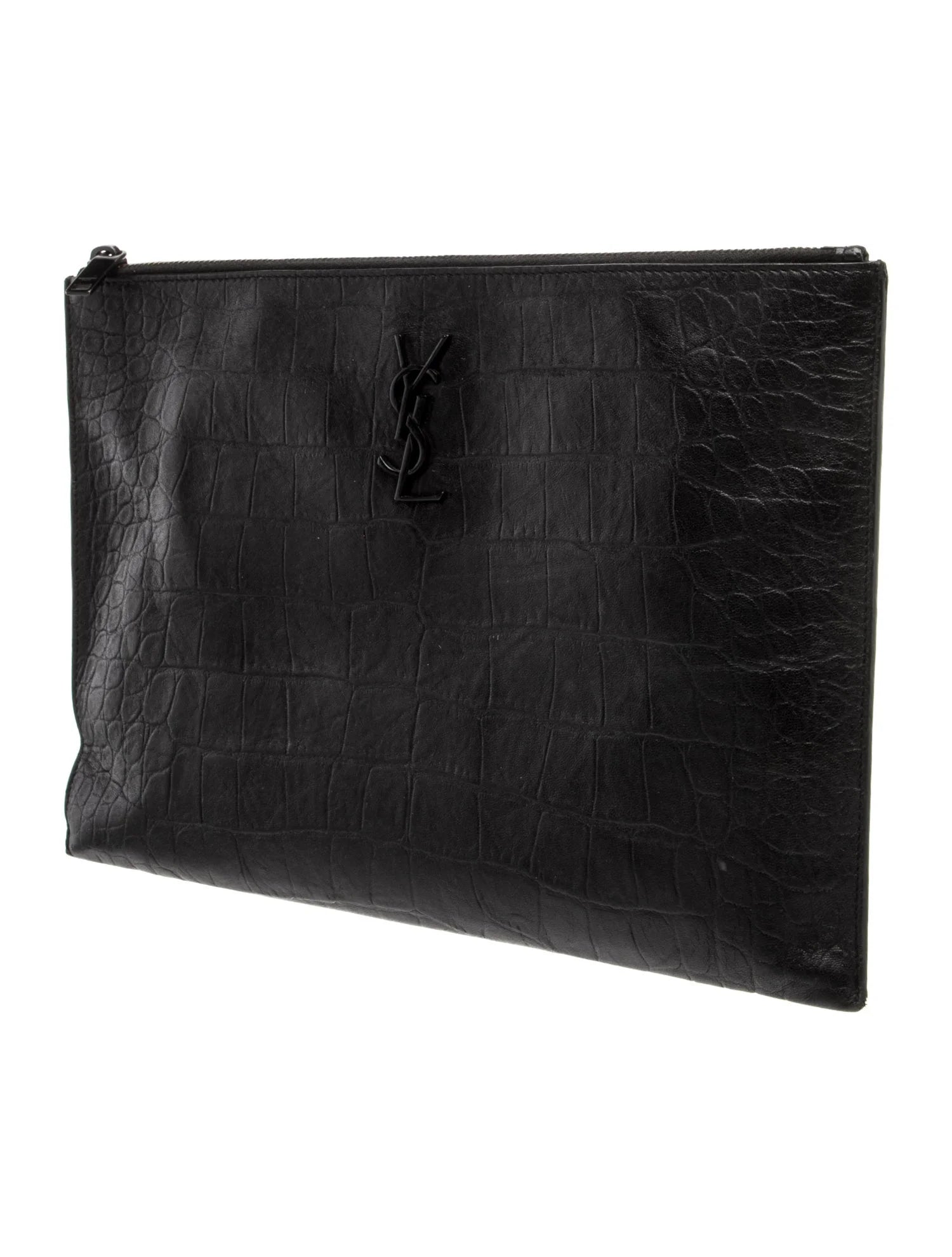 $990 Saint Laurent Croc Monogram Embossed Zip Clutch Black 2018