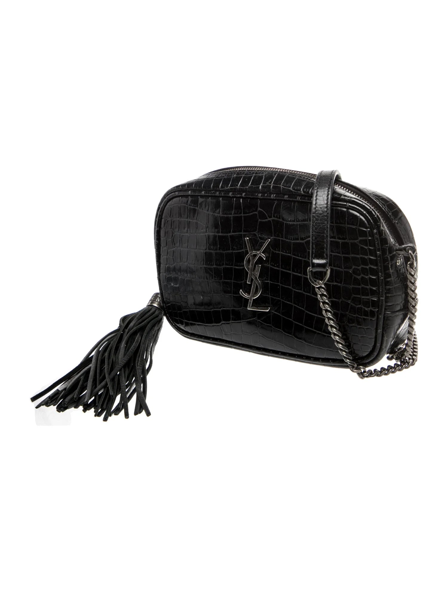 $1800 2019 Saint Laurent Calfskin Crocodile Embossed Monogram Mini Lou Camera Bag Black