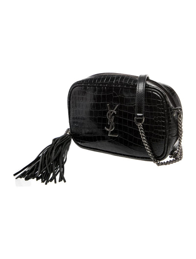 $1800 2019 Saint Laurent Calfskin Crocodile Embossed Monogram Mini Lou Camera Bag Black