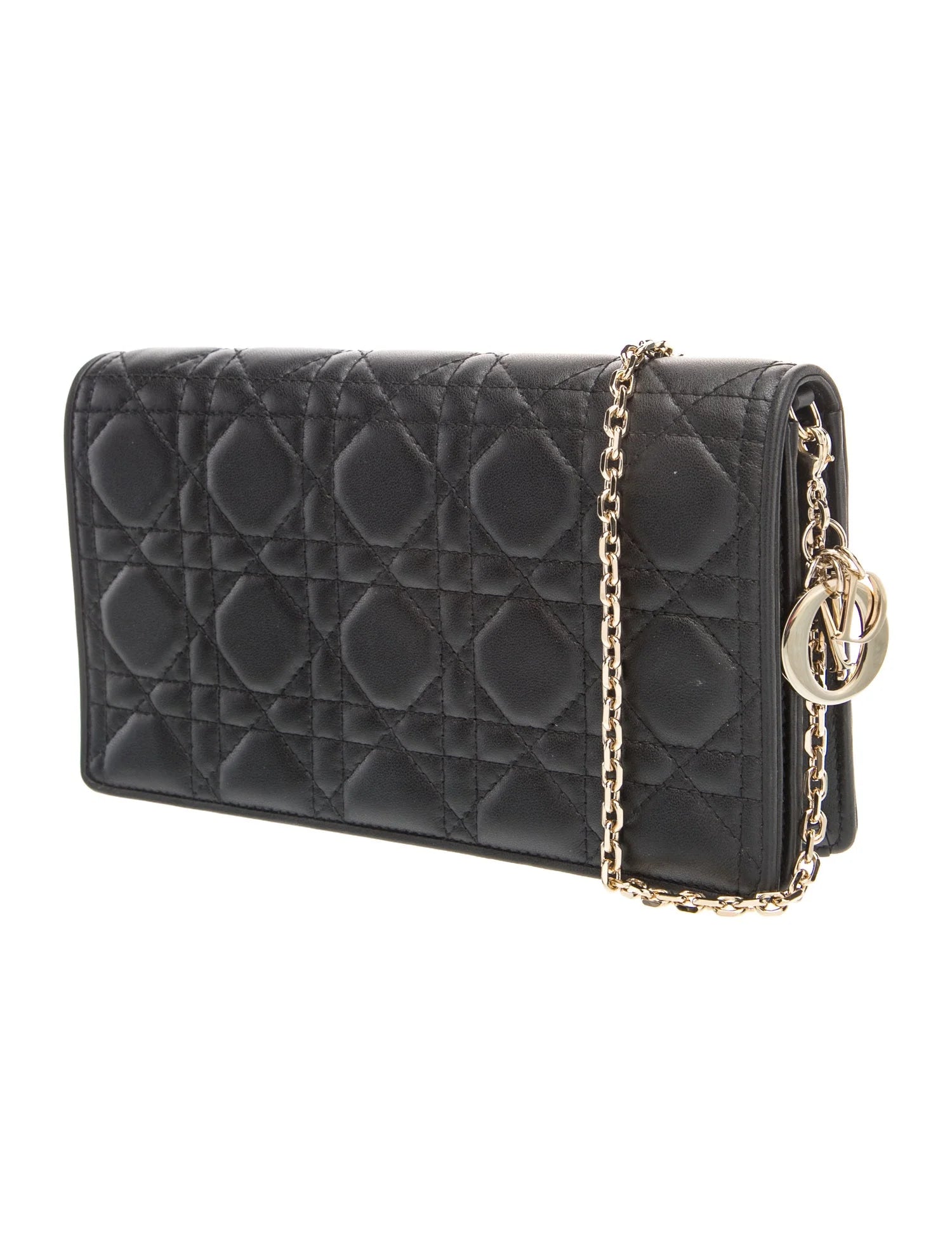 $2500 Christian Dior Lambskin Cannage Lady Dior Chain Wallet Black