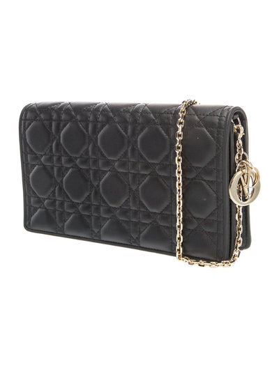 $2500 Christian Dior Lambskin Cannage Lady Dior Chain Wallet Black