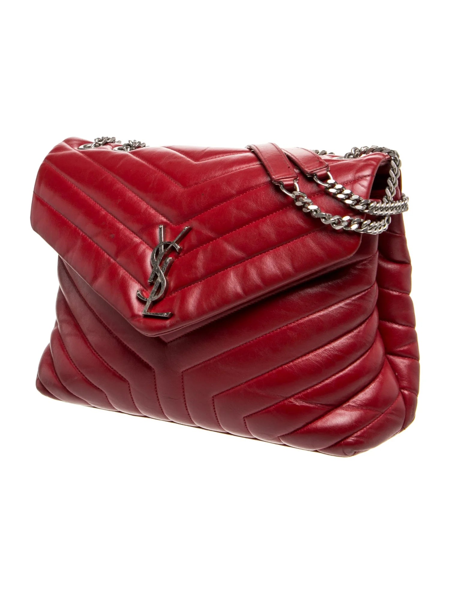 $3250 Saint Laurent Calfskin Y Quilted Monogram Medium Loulou Chain Satchel Red